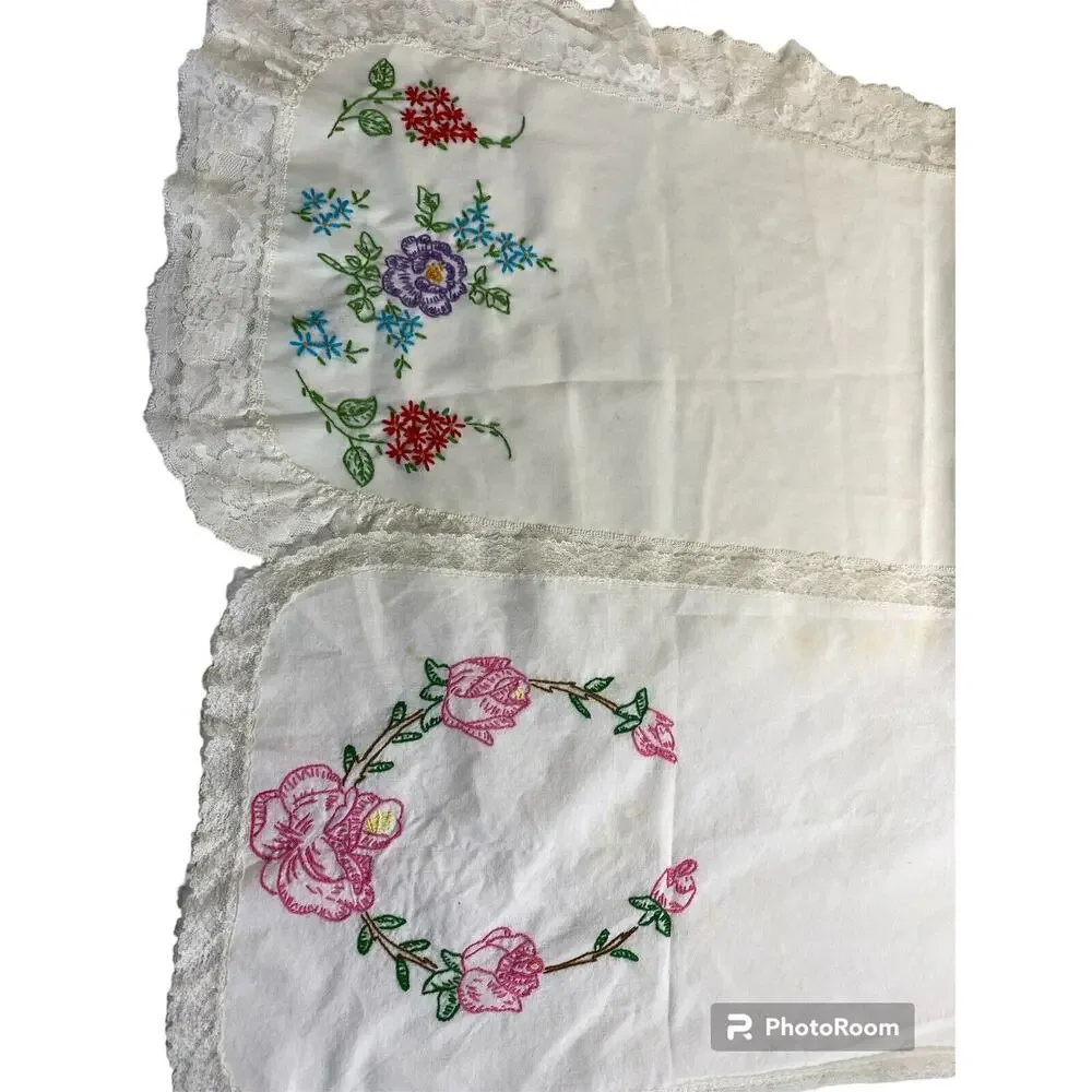 Vtg Hand Embroidered Table Runner Dresser Scarves 12